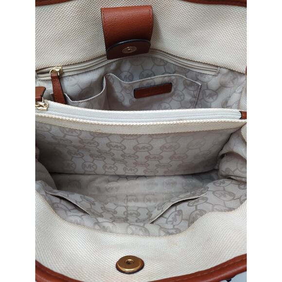 Michael Kors Hamilton Ivory Canvas Leather Trim Red Stripe Satchel Shoulder Bag - Picture 13 of 14